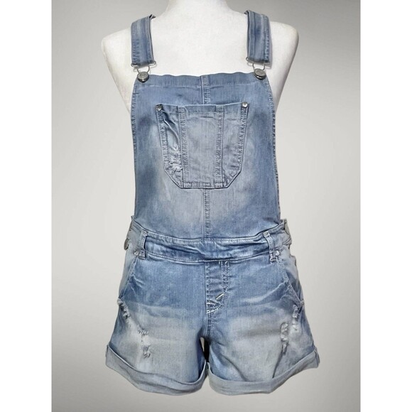 Wallflower Juniors Light Wash Distressed Denim Overall Shorts Size Medium - Picture 1 of 11